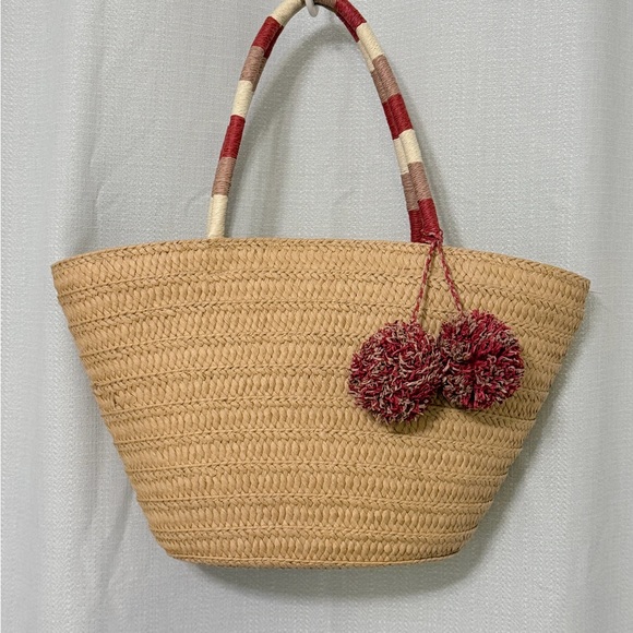 LOFT Woven Tan Tote with Red and Cream Pom Pom Accents - Picture 5 of 10